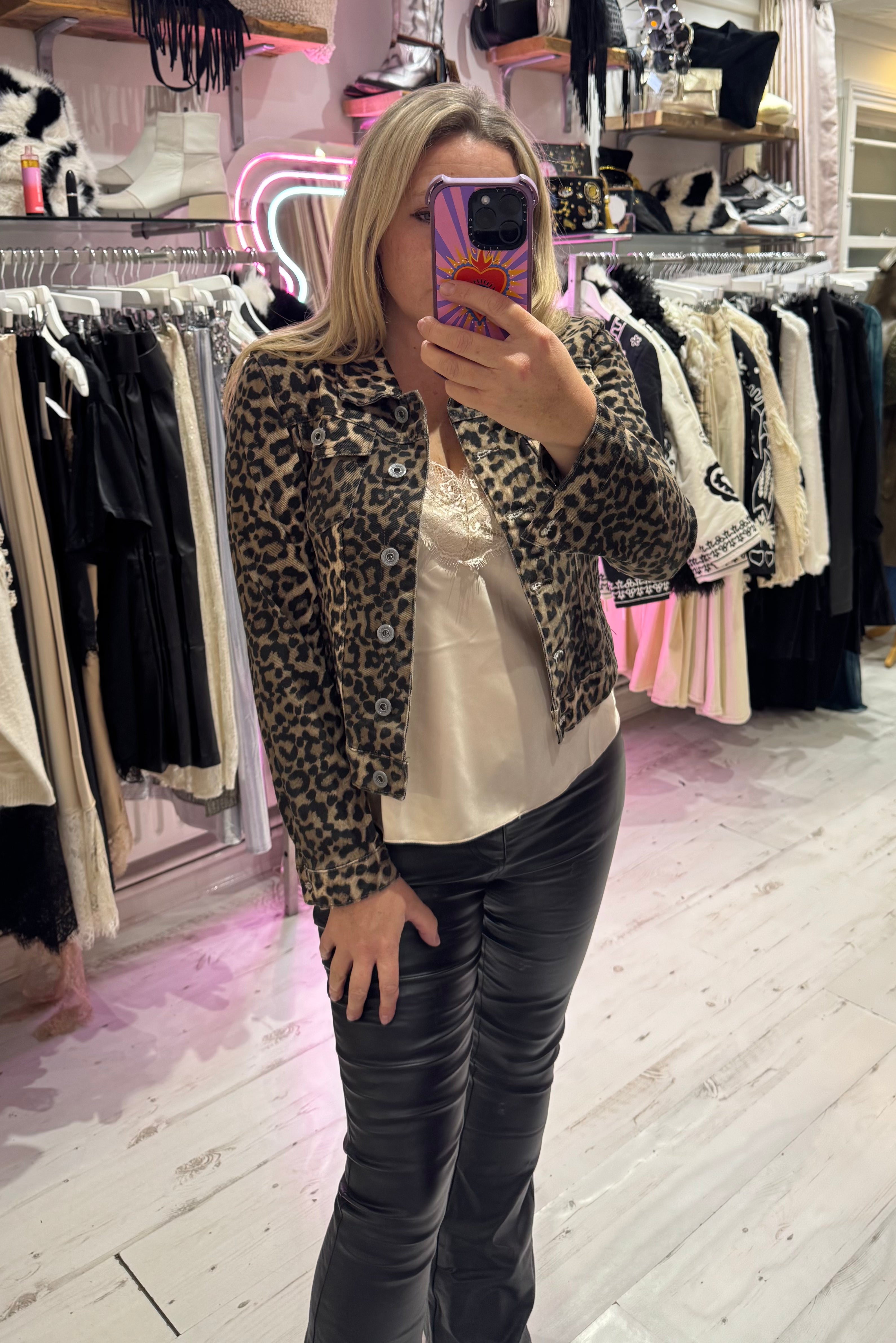 Leopard Print Denim Fitted Stretch Jacket | Brown Leopard