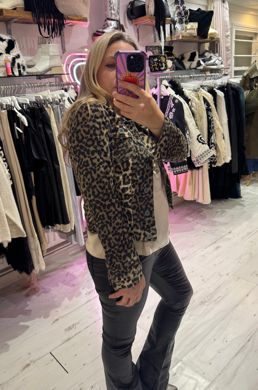 Leopard Print Denim Fitted Stretch Jacket | Brown Leopard