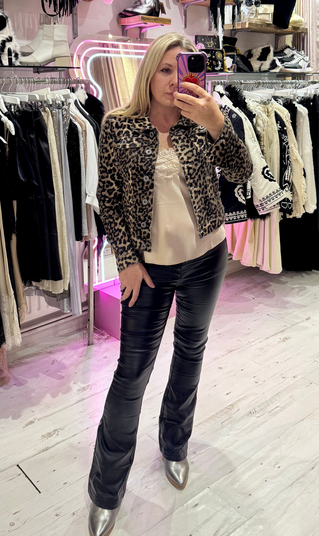 Leopard Print Denim Fitted Stretch Jacket | Brown Leopard