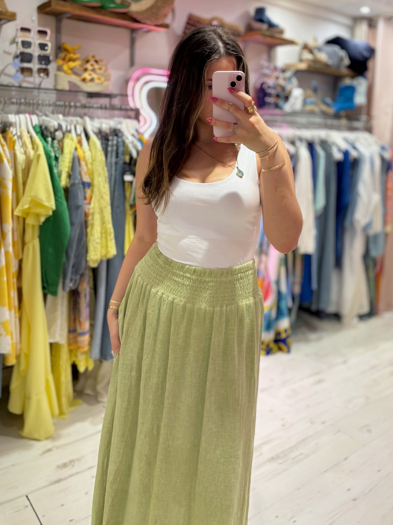 Linen Mix Tea Bag Midi Skirt | Washed Green