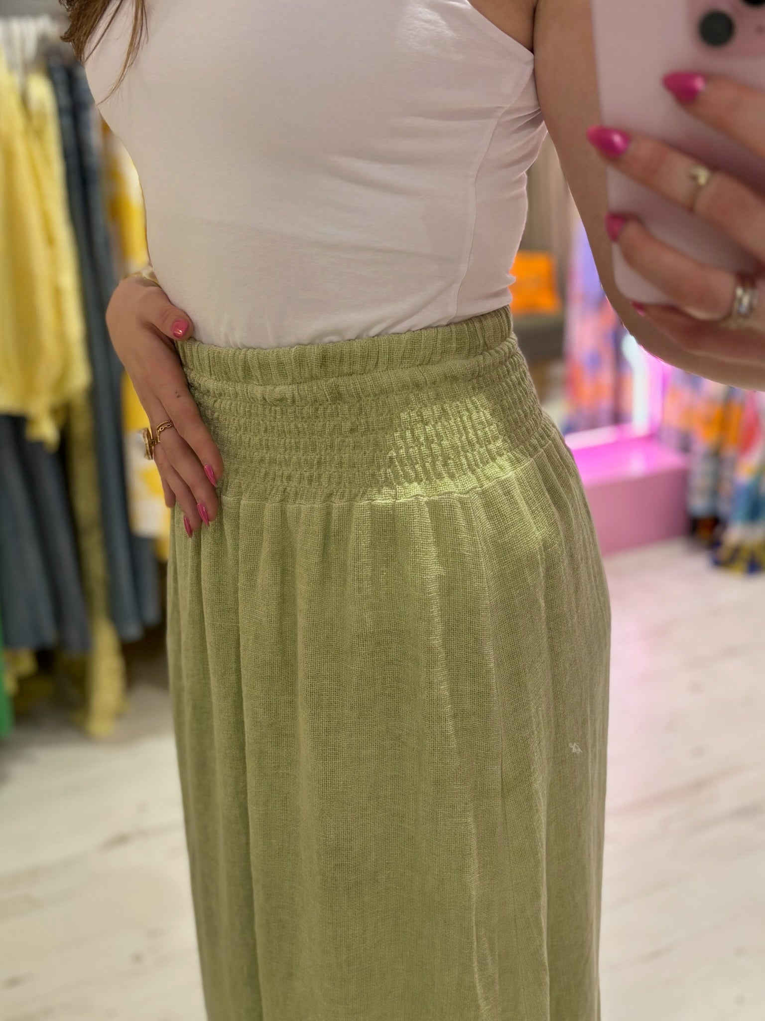 Linen Mix Tea Bag Midi Skirt | Washed Green
