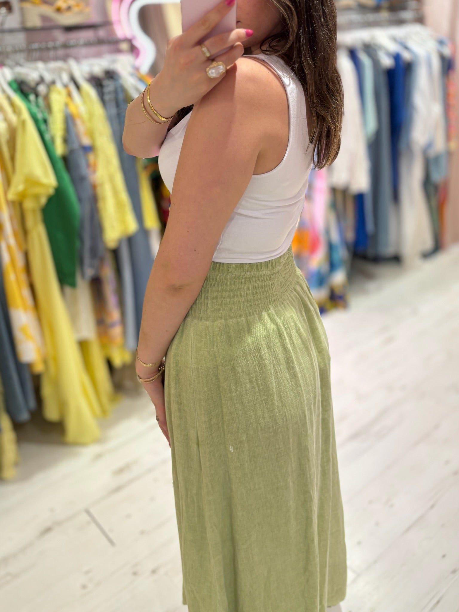 Linen Mix Tea Bag Midi Skirt | Washed Green