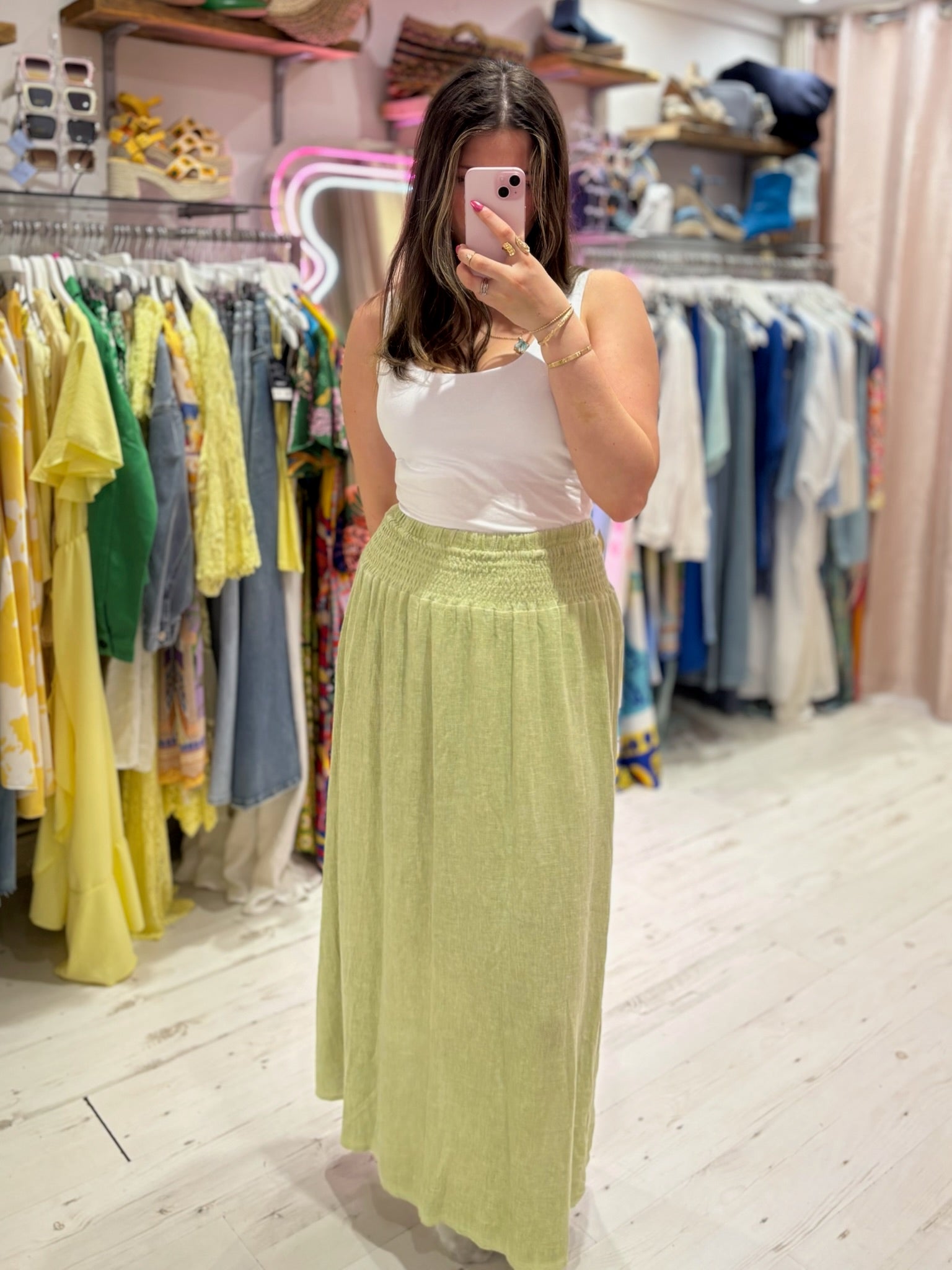 Linen Mix Tea Bag Midi Skirt | Washed Green