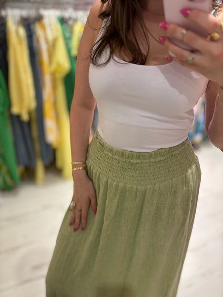 Linen Mix Tea Bag Midi Skirt | Washed Green