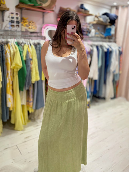 Linen Mix Tea Bag Midi Skirt | Washed Green