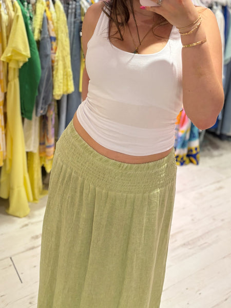 Linen Mix Tea Bag Midi Skirt | Washed Green
