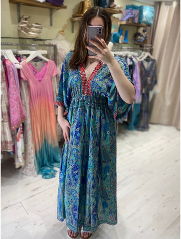 Indian Silk Kimono Sleeve Maxi Dress | Green/Blue
