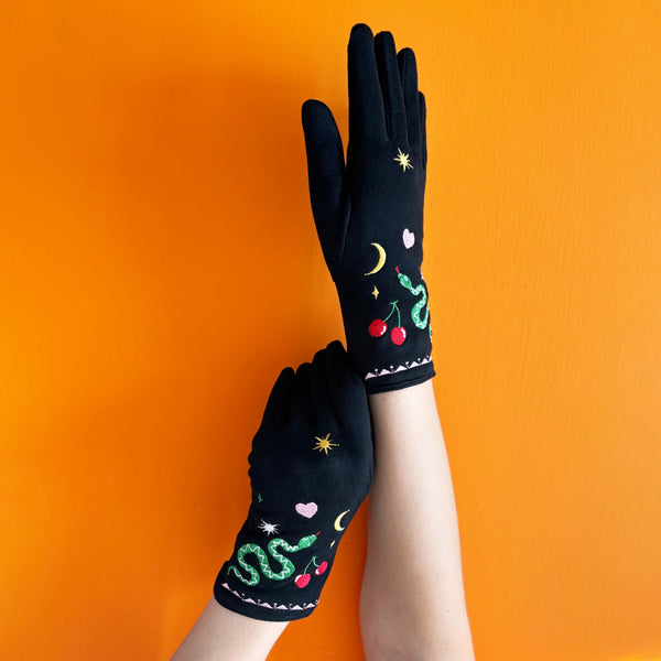 Inked Embroidered Snake Gloves
