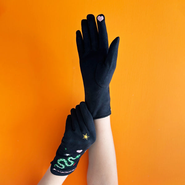 Inked Embroidered Snake Gloves