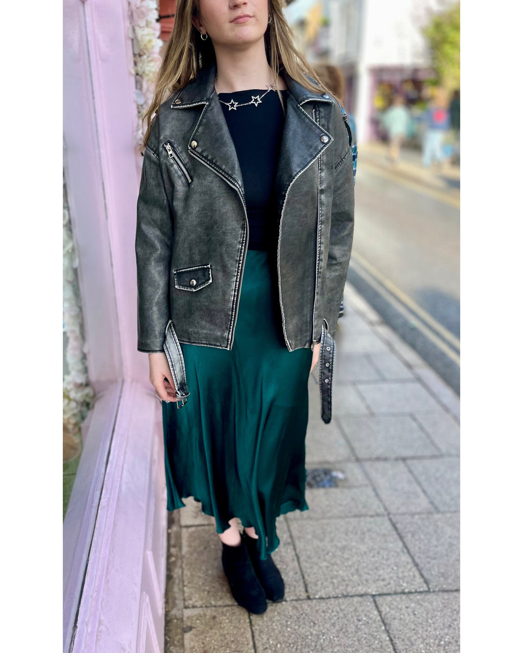 Oversized Distressed Biker Jacket | Black Faux Leather