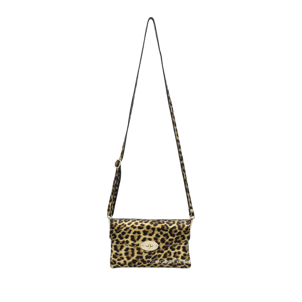 Leopard Metallic Leather Small Crossbody Bag | Gold