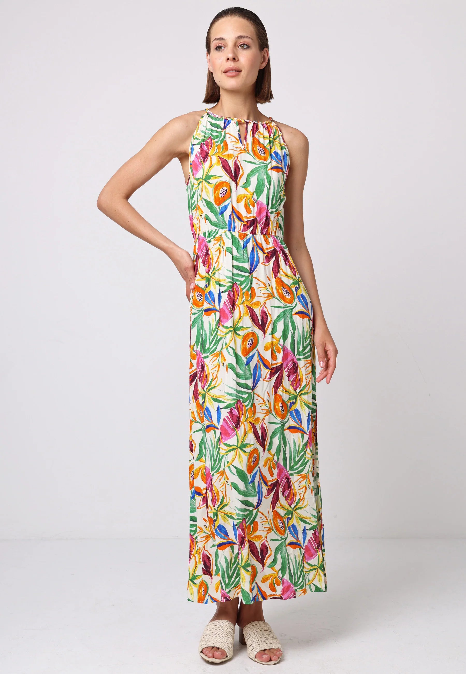 Papaya Print Halterneck Keyhole Maxi Dress | Multi