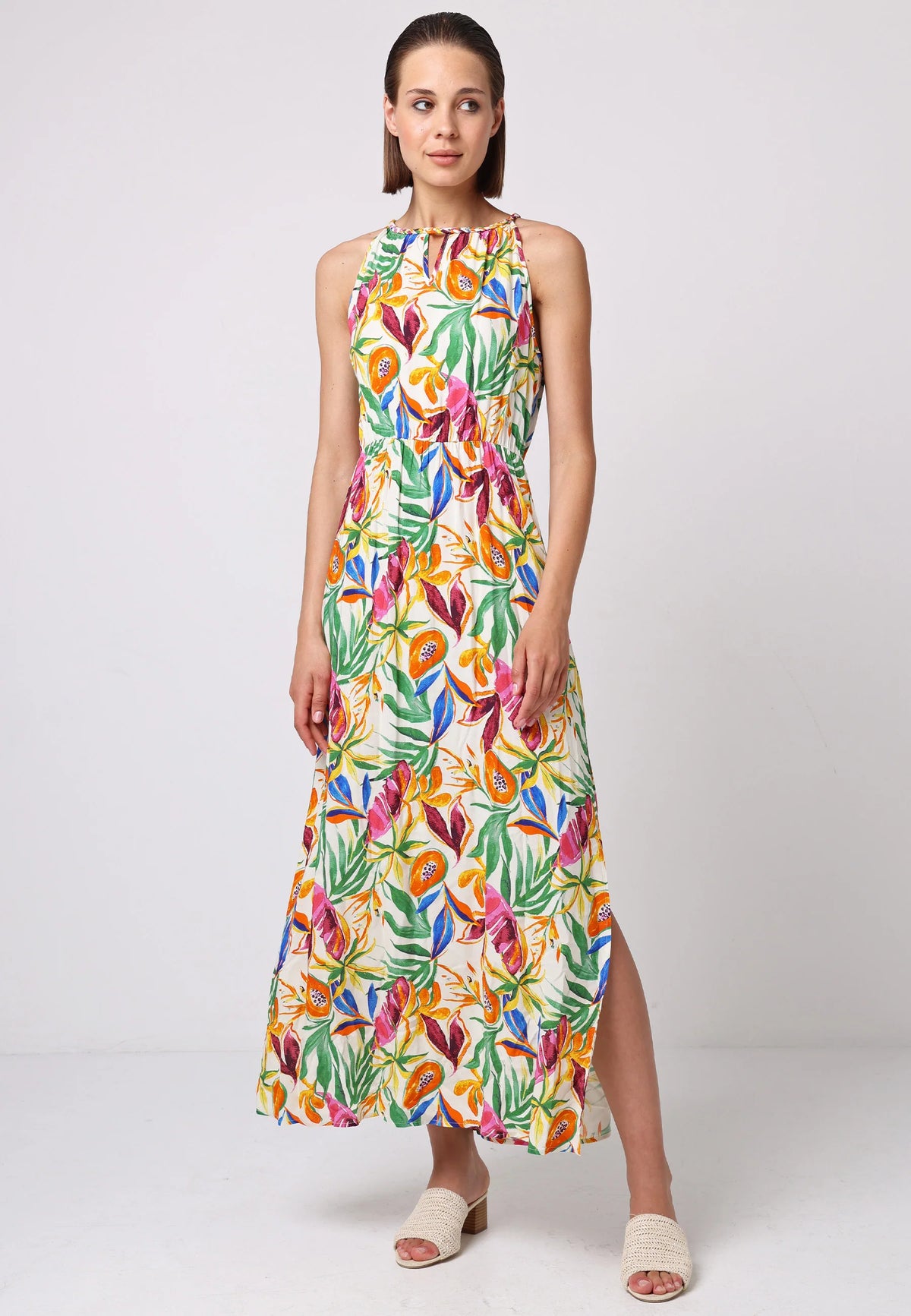 Papaya Print Halterneck Keyhole Maxi Dress | Multi