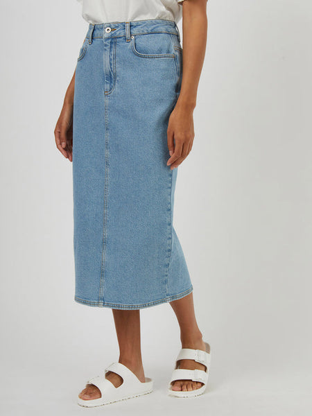 Sunwashed Stretched Denim Midi Skirt | J3UAH | Blue
