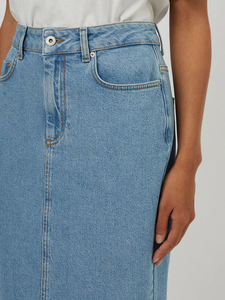 Sunwashed Stretched Denim Midi Skirt | J3UAH | Blue