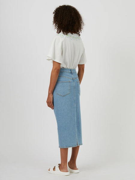 Sunwashed Stretched Denim Midi Skirt | J3UAH | Blue