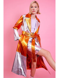 Jayley | Metallic Hand Cut Patchwork Trench Coat | Orange/Silver