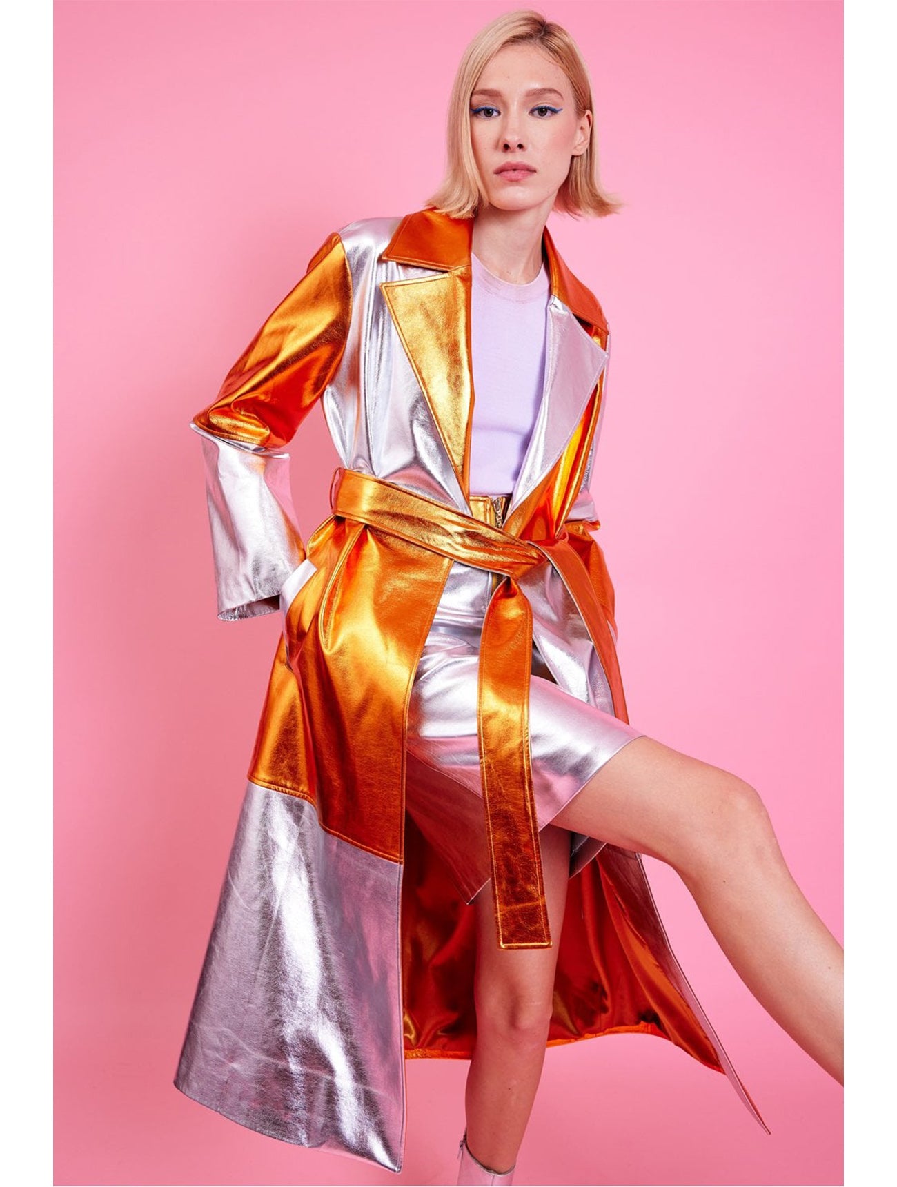 Jayley | Metallic Hand Cut Patchwork Trench Coat | Orange/Silver