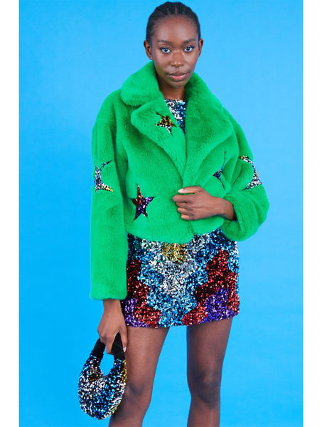 Jayley | Faux Fur Sequins Star Jacket | Green