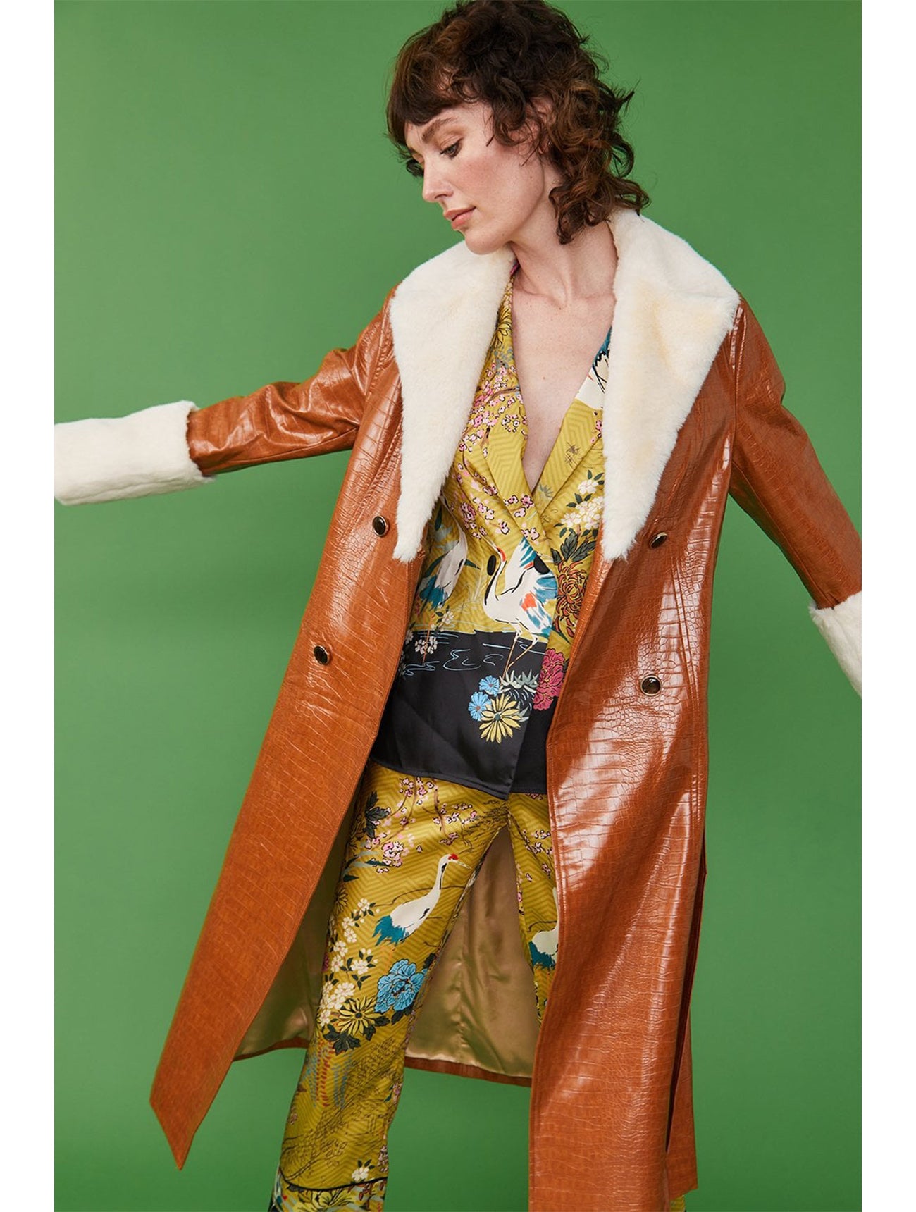 Jayley | Faux Leather Maxi Coat With Fur Cuffs and Collar | Tan