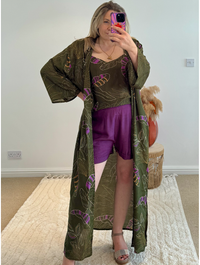 Kira Maxi Kimono | Khaki Graphic Tropical Print