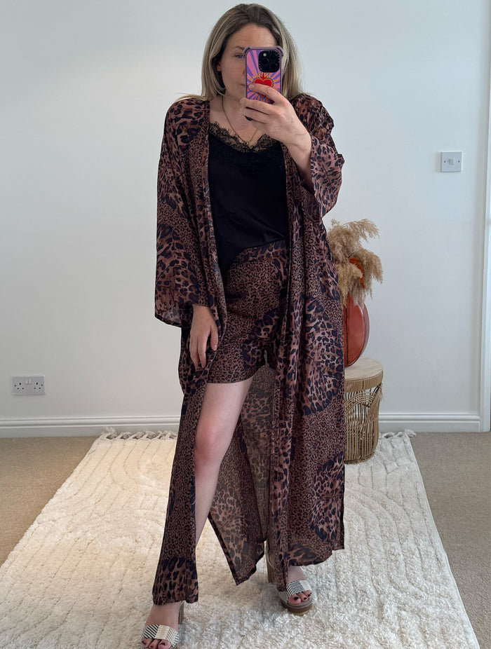Kira Maxi Kimono | Leopard Tropical Print
