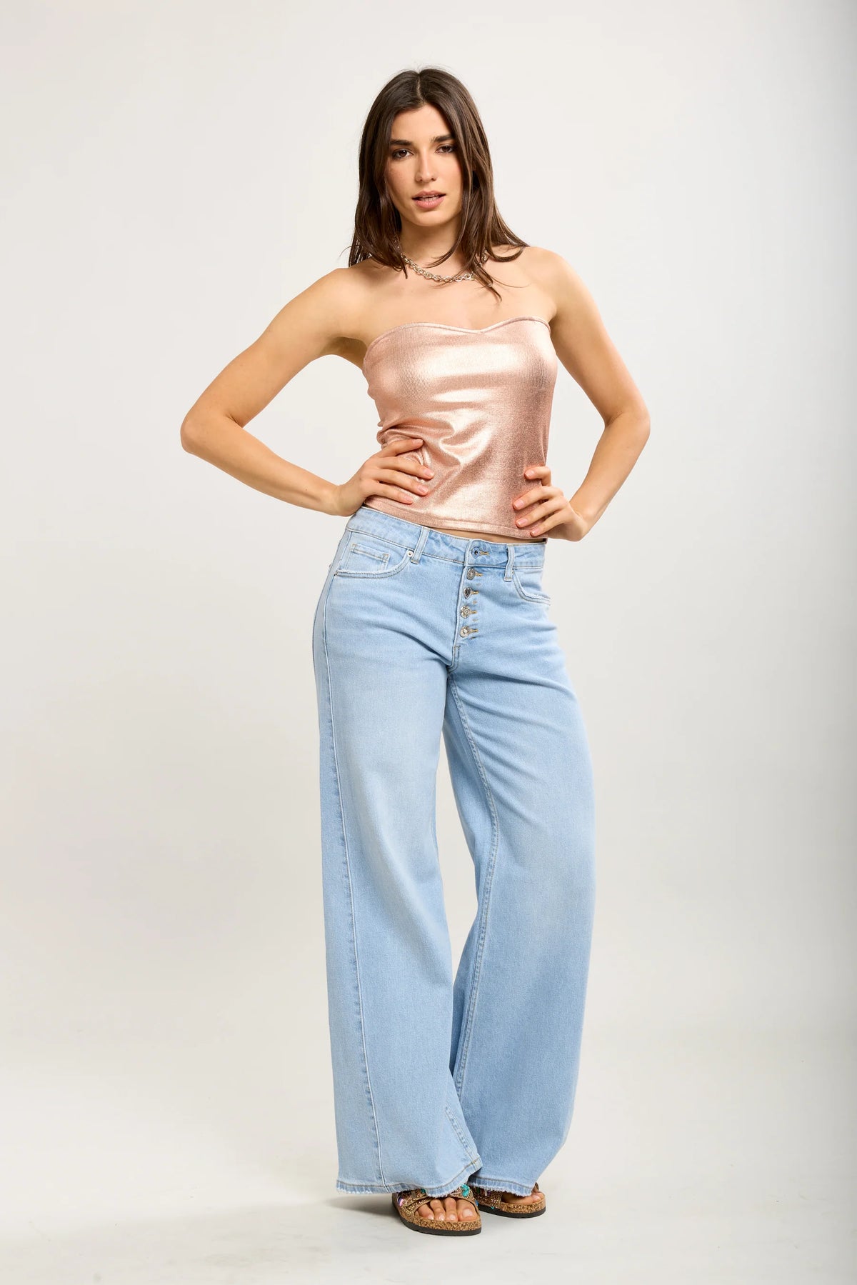 Toxik3 Wide Leg Stretch Jeans with Rhinestone Buttons | Light Wash