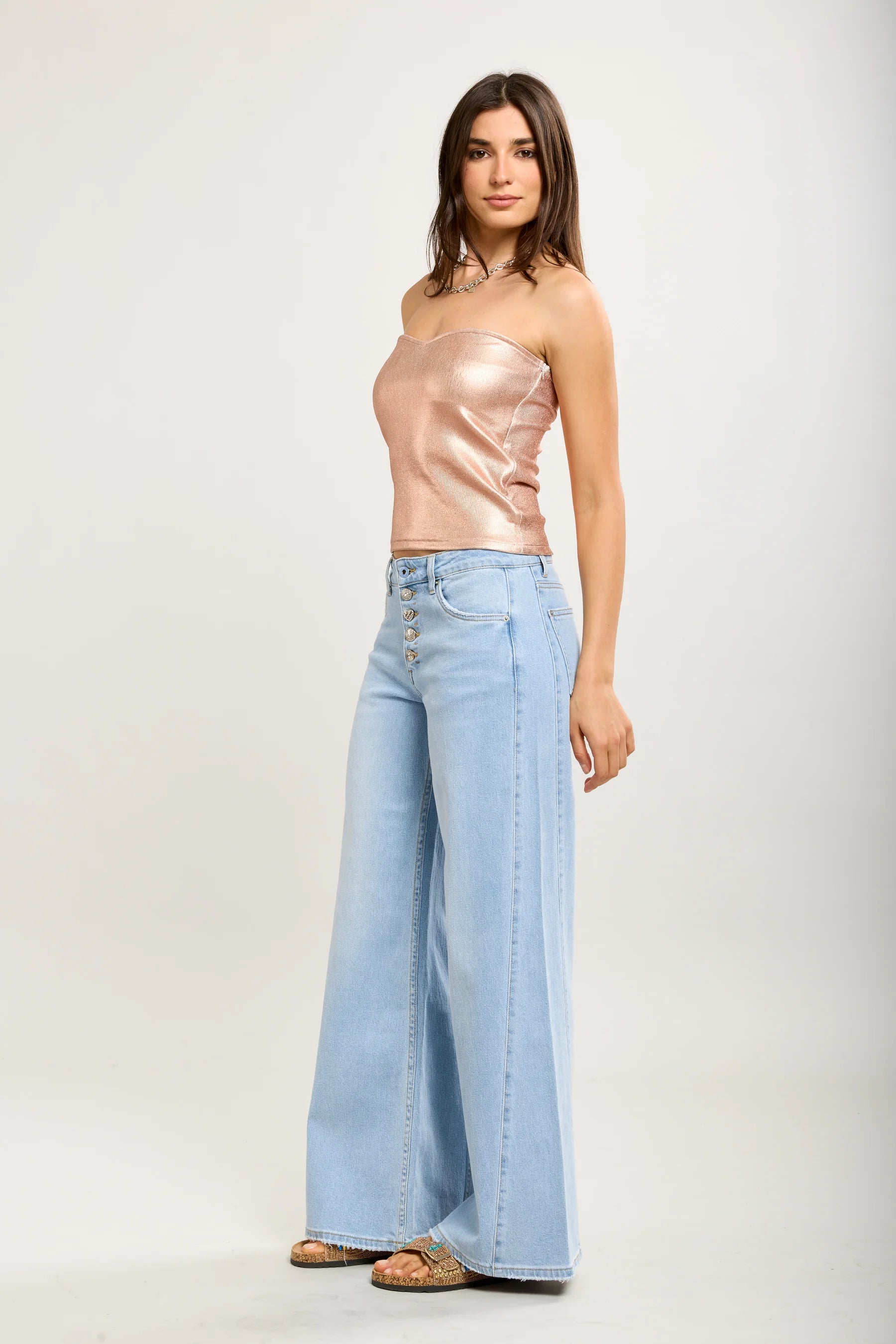 Toxik3 Wide Leg Stretch Jeans with Rhinestone Buttons | Light Wash