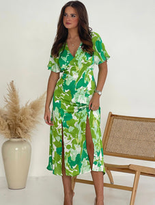 Levi Green Leaf Angel Sleeve Midi Dress