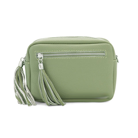 Leather Rectangle Tassel Crossbody Bag | Sage Green