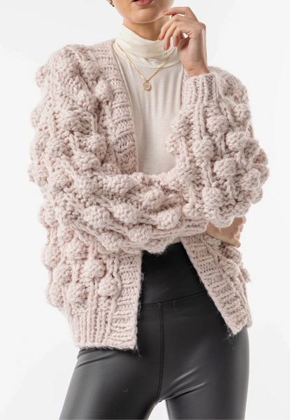 Chunky Knit Pom Pom Cardigan | Dusky Light Rose