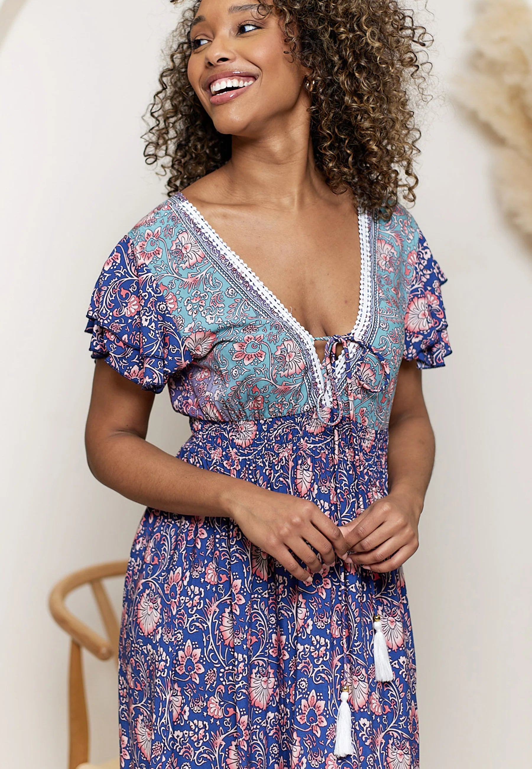 Boho Relaxed Maxi Dress with Ruffle Hem | Navy Multi