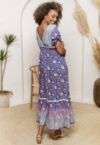 Boho Relaxed Maxi Dress with Ruffle Hem | Navy Multi
