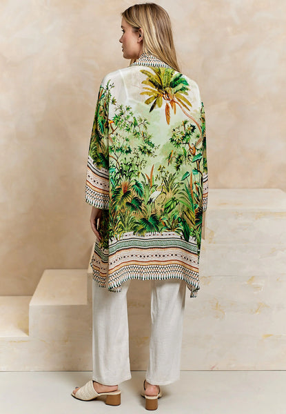 Premium Tropical Print Luxurious Viscose Crepe Midi Kimono | Green Multi
