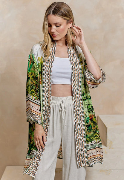 Premium Tropical Print Luxurious Viscose Crepe Midi Kimono | Green Multi