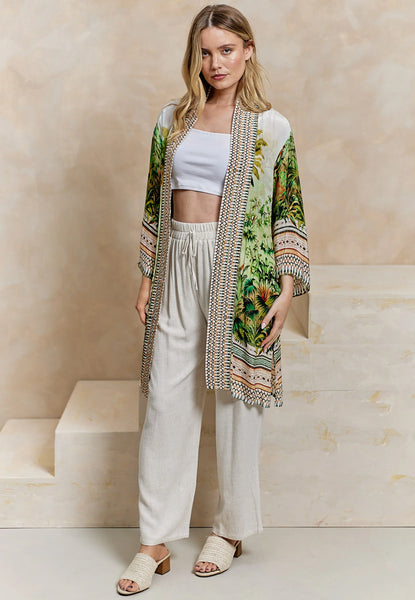 Premium Tropical Print Luxurious Viscose Crepe Midi Kimono | Green Multi