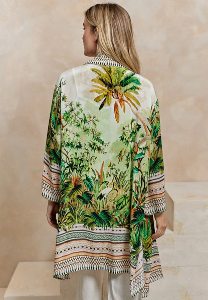 Premium Tropical Print Luxurious Viscose Crepe Midi Kimono | Green Multi