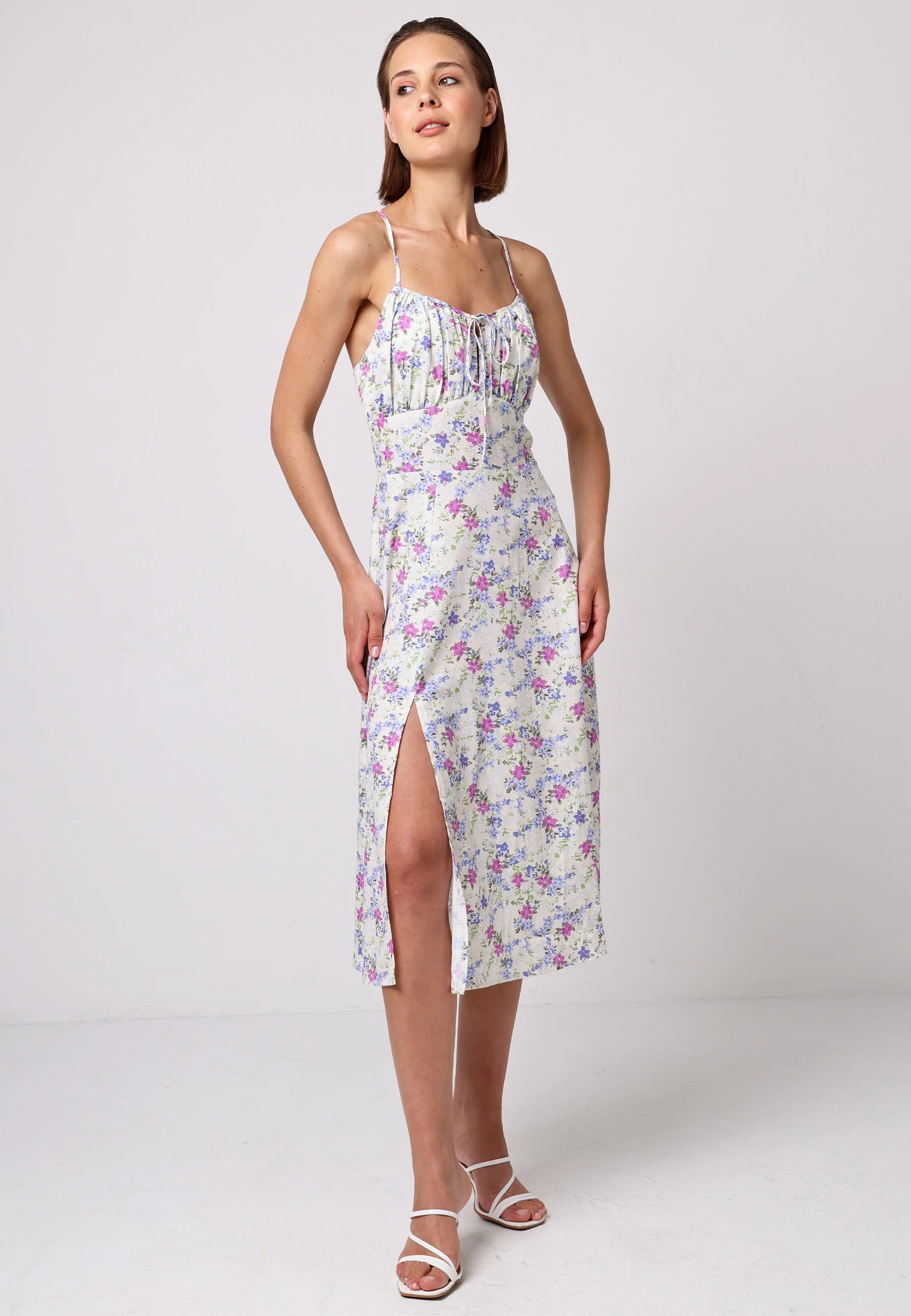 Floral Cami Tie Bust Midi Dress | White Multi