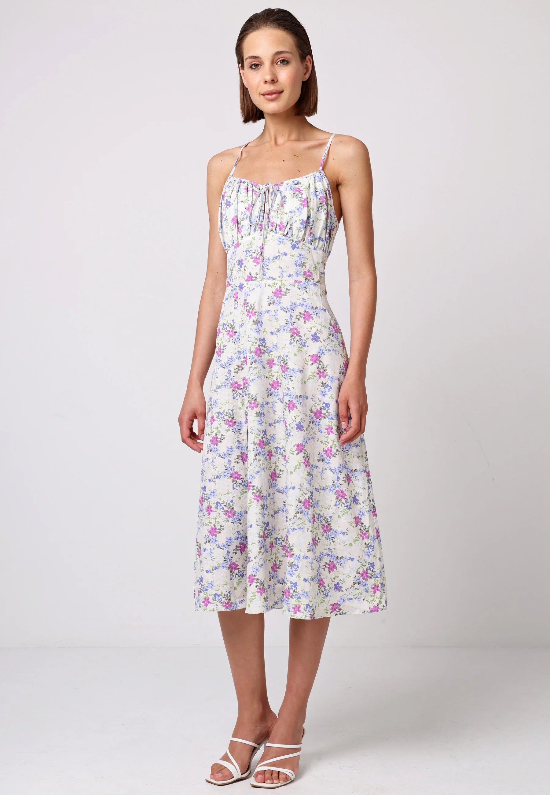 Floral Cami Tie Bust Midi Dress | White Multi