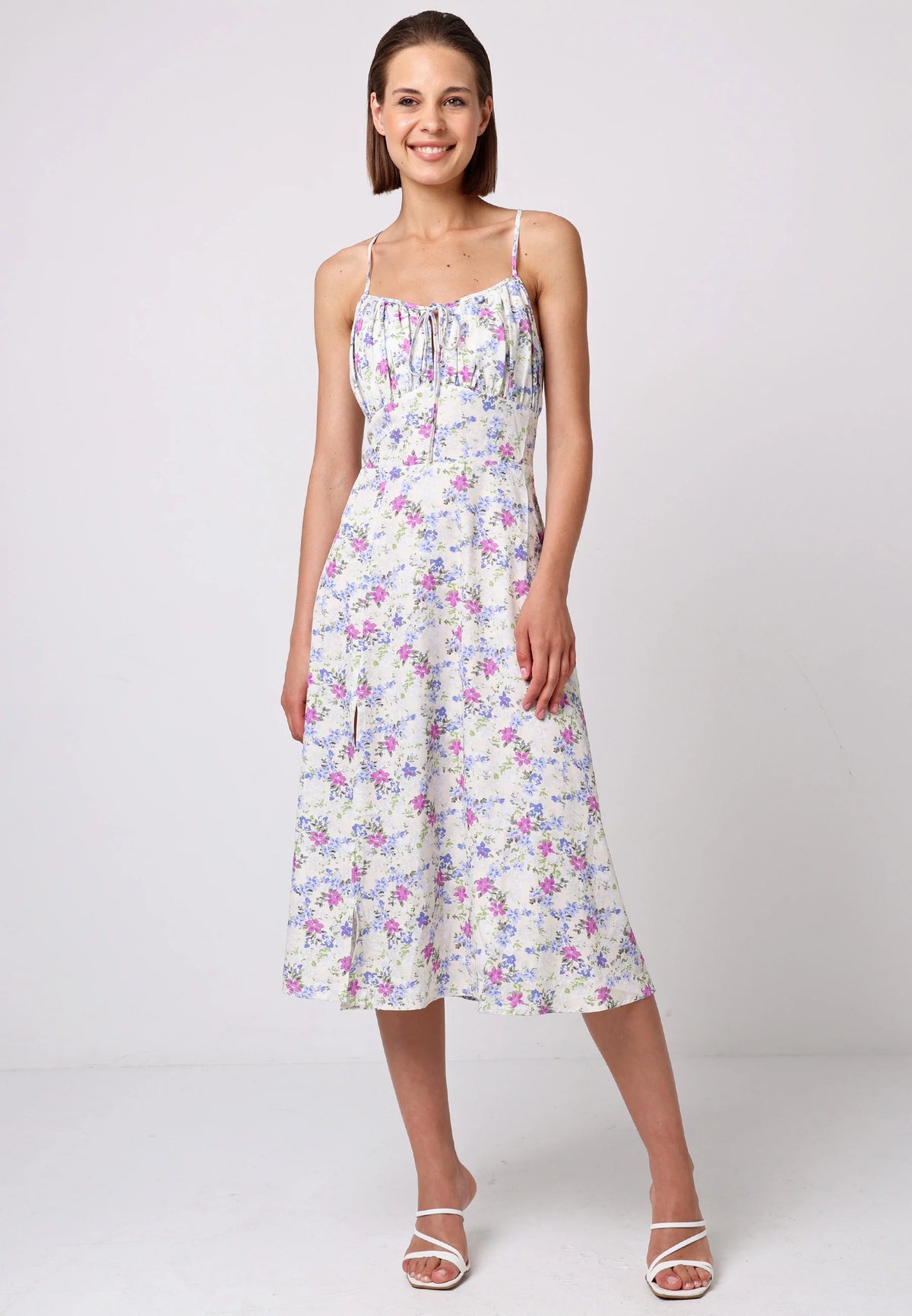 Floral Cami Tie Bust Midi Dress | White Multi