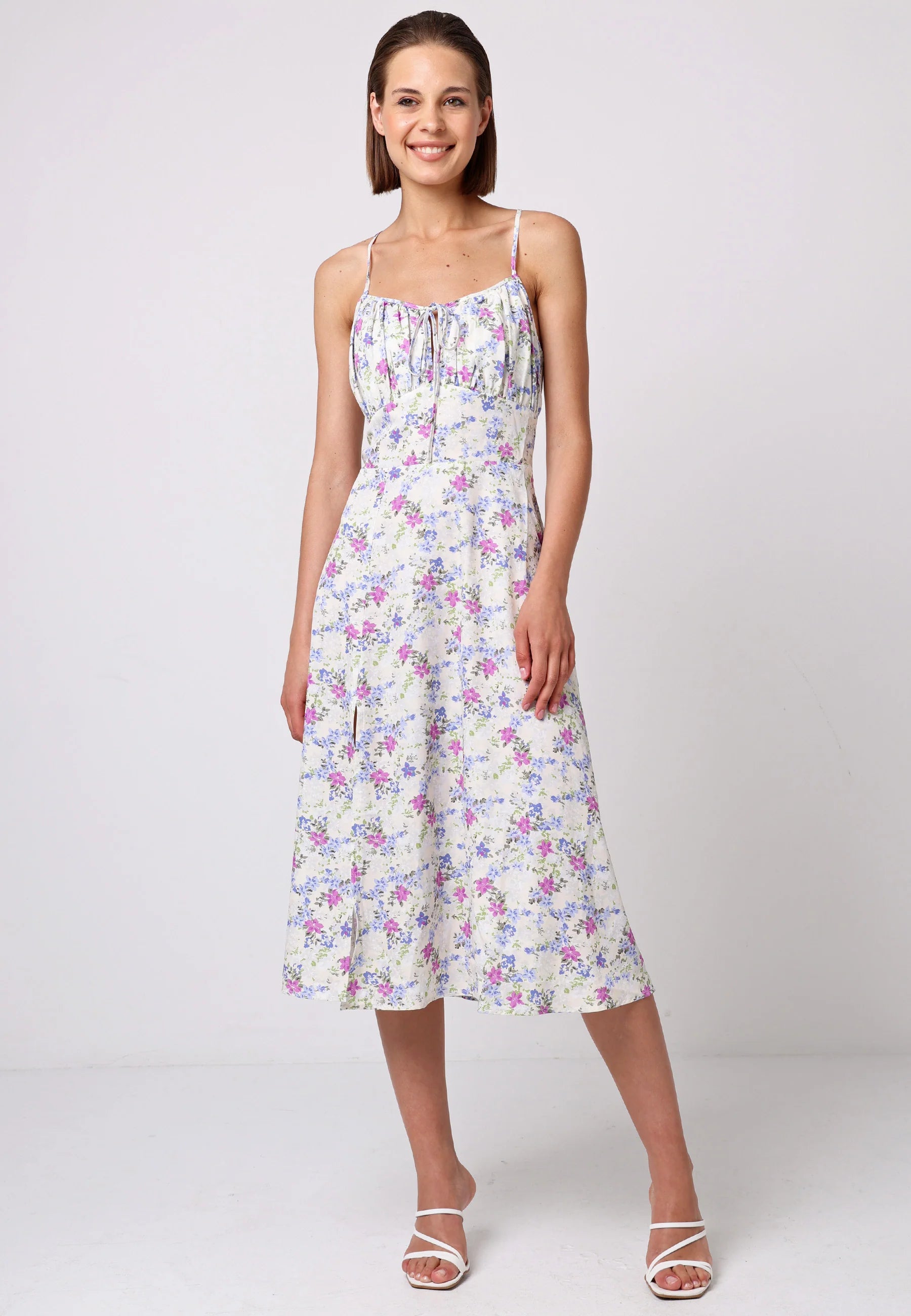 Floral Cami Tie Bust Midi Dress | White Multi