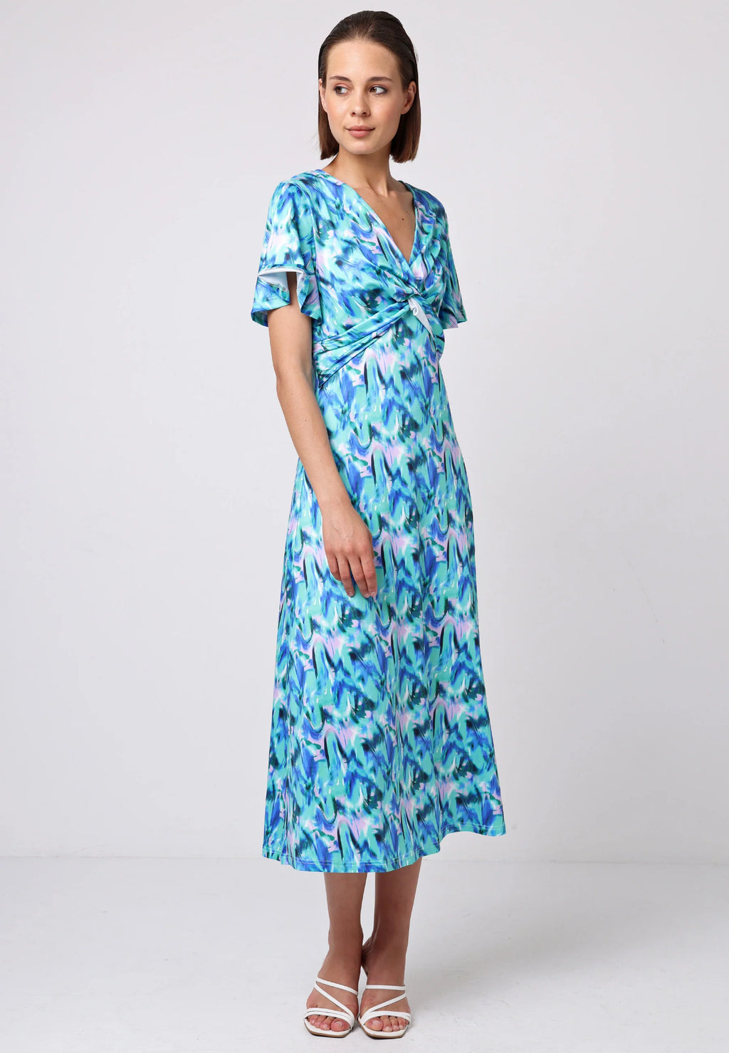 Twist Front Angel Sleeve Midi Dress | Blue/Green