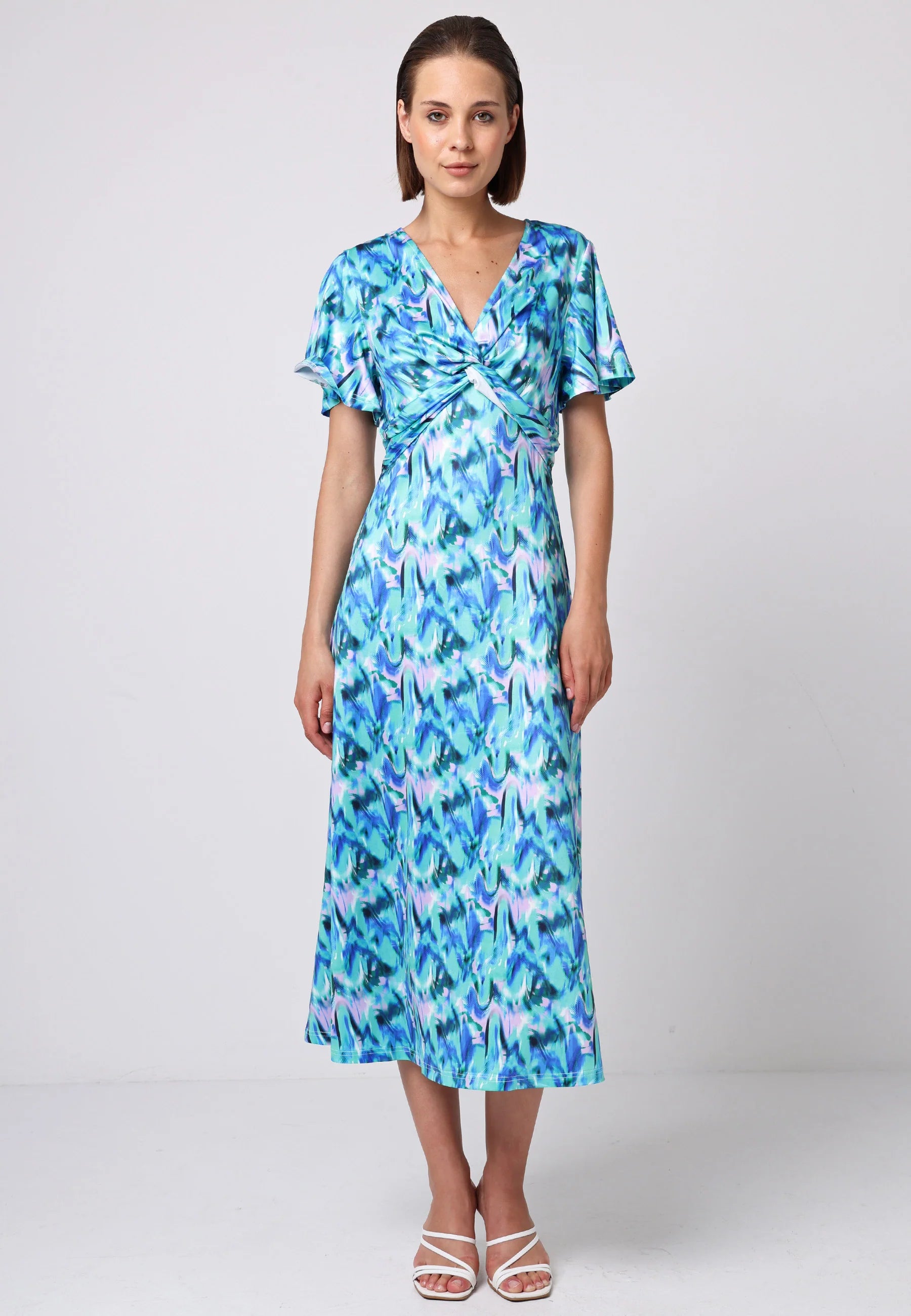 Twist Front Angel Sleeve Midi Dress | Blue/Green