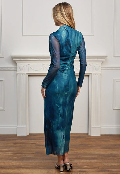 Watercolour Bodycon Long Sleeved Midi Dress | Teal