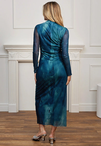 Watercolour Bodycon Long Sleeved Midi Dress | Teal