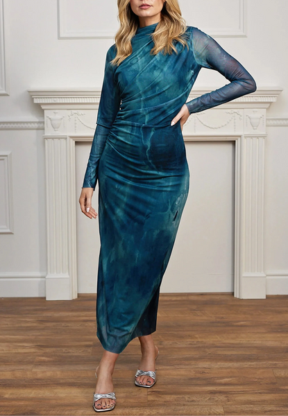 Watercolour Bodycon Long Sleeved Midi Dress | Teal
