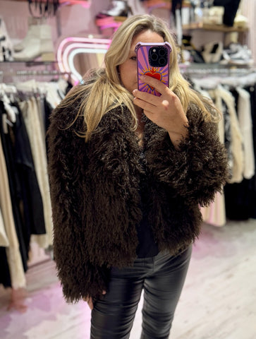Mongolian Style Faux Fur Cropped Coat | Chocolate