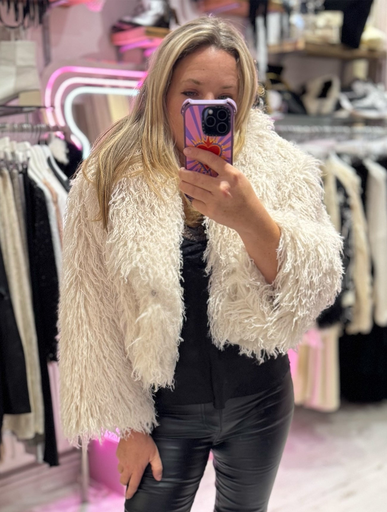 Mongolian Style Faux Fur Cropped Coat | Ivory