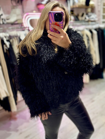 Mongolian Style Faux Fur Cropped Coat | Black