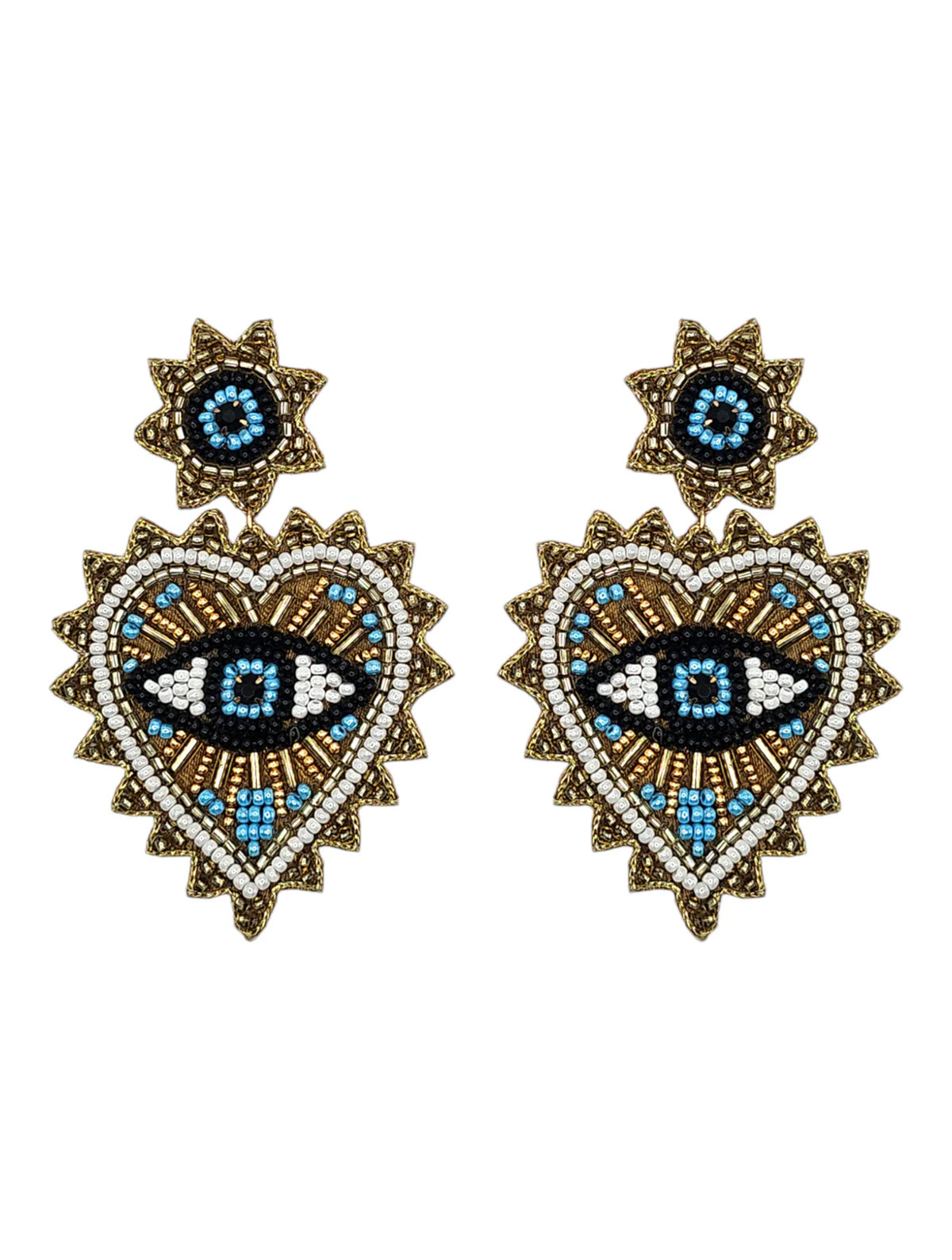 Statement Gold Beaded Eye and Heart Drop Earrings